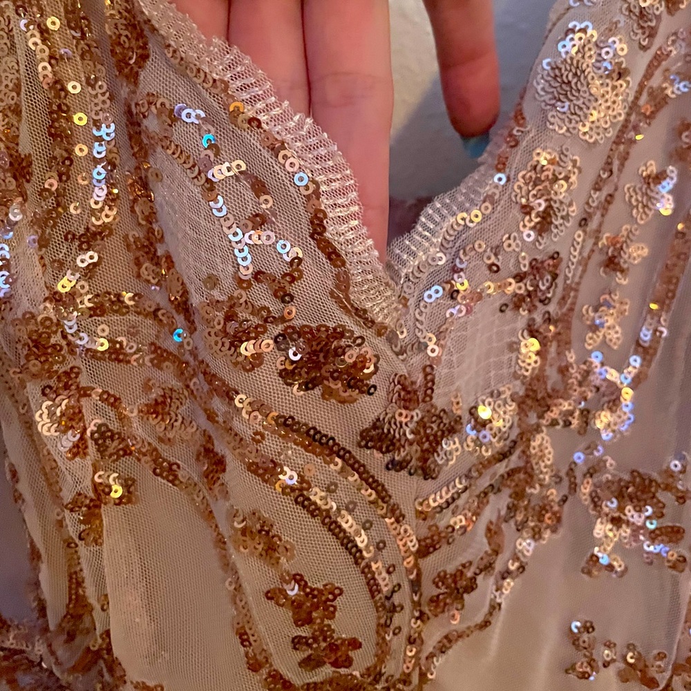 Gold sequin romper (shorts), with nude underlay